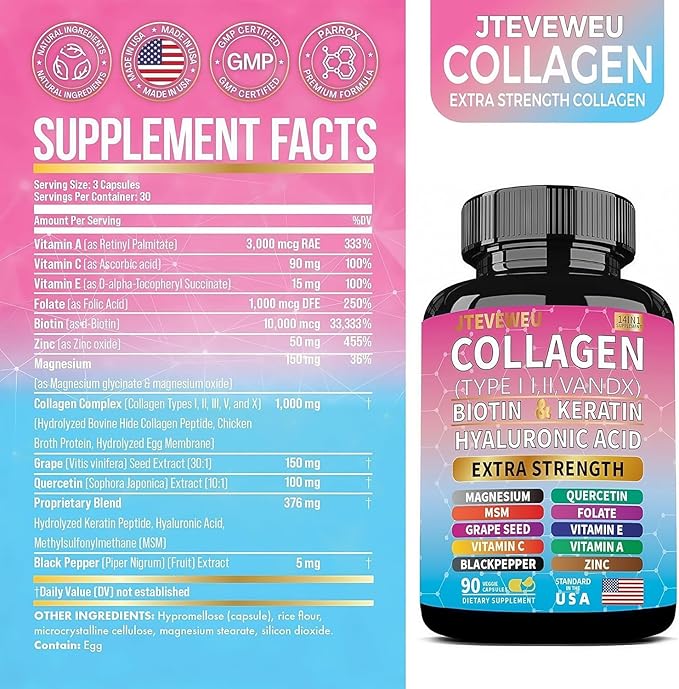 Collagen Supplement - Type I II III V and X - with Biotin Keratin Hyaluronic Acid &amp 13+ Extra Strength Ingredients - （180 Capsules）