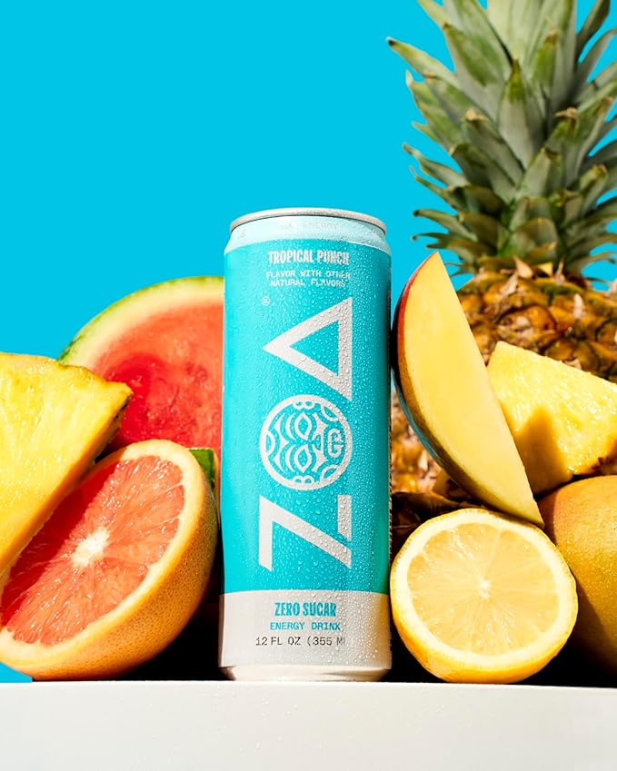 ZOA Zero Sugar Energy Drink Variety Pack 18 12 oz cans White Peach Tropical Punch Frosted Grape