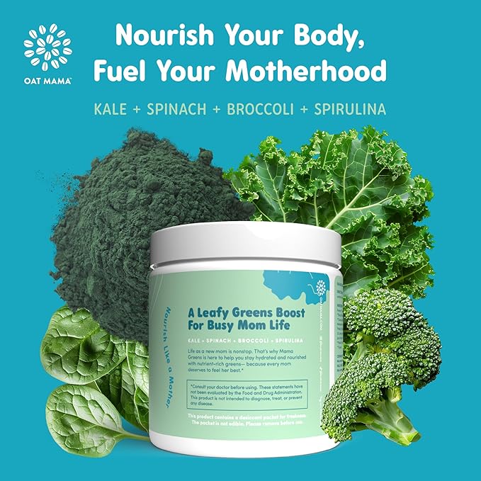 Oat Mama 'Mama Greens' Superfoods Booster - Fuji Apple Flavor - Greens Powder with Kale Spinach Broccoli &amp Spirulina - Nutrient-Rich Support for Pregnancy &amp Postpartum - 30 Servings (180g)