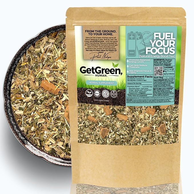 Natural Energy Boost Coffee Replacement Loose Leaf Tea w/ Eleuthero Root Gotu Kola Ginger | Organic Herbal Tea | 2 oz (57 gram) | Decaf Vegan Healthy ZERO Caffeine Organic Herbs No Natural or