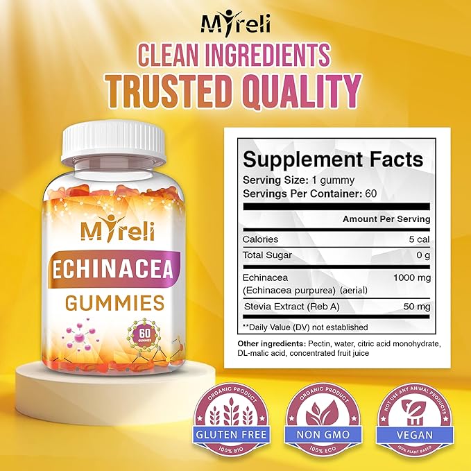 Echinacea 1000mg Gummies Supplement – Herbal Immune Formula Botanical Antioxidant Blend Vegan Plant Based Non-GMO Gluten Free Chewable for Adults Daily Wellness Option 60 Count Bottle
