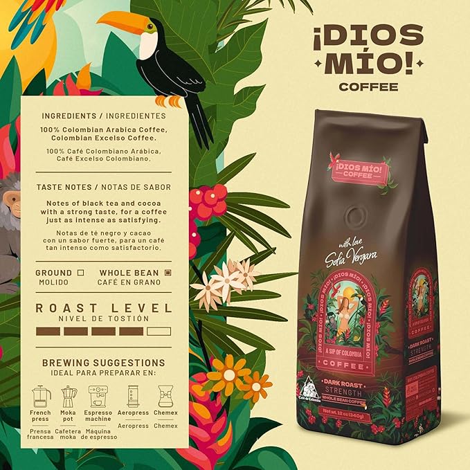Dios Mio Coffee by Sofia Vergara Dark Roast Whole Bean Premium Colombian Coffee 12 Ounce Bag (Pack of 2)