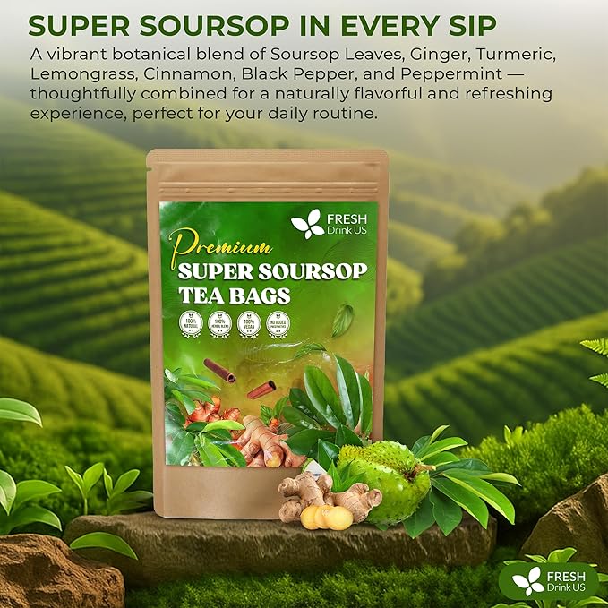 FreshDrinkUS Super Soursop Herbal Tea – 60 Tea Bags | Soursop Ginger Turmeric Lemongrass Cinnamon Black Pepper &amp Peppermint | Caffeine-Free Natural Flavor Plant-Based Blend | Sugar-Free