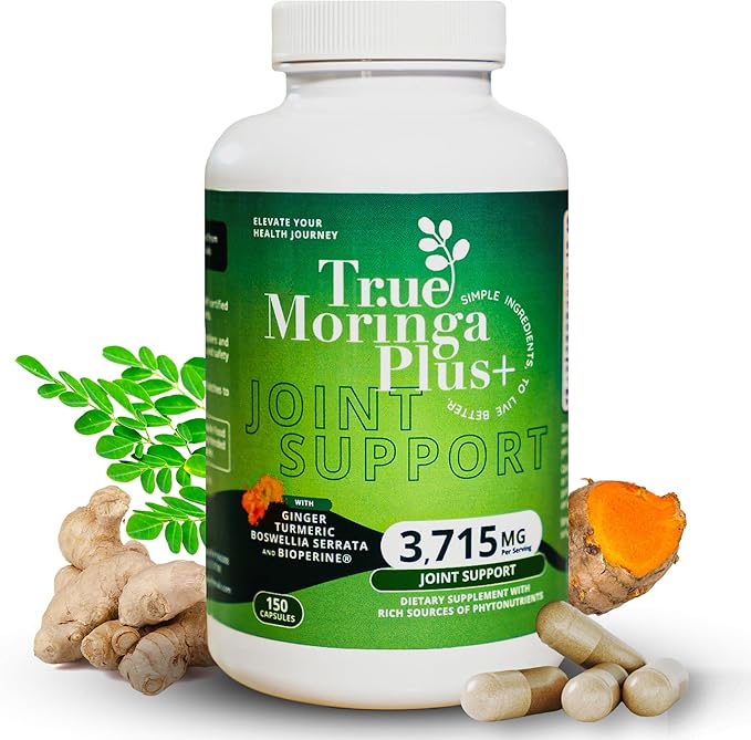 True Moringa Plus+ Joint Support Supplement 10:1 Extract | 20000mg of Organic Moringa Turmeric Curcumin Ginger Boswellia BioPerine | Extra Strength Herbal Antioxidant for Adults (150 Capsules)