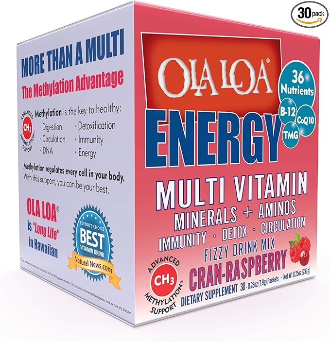 Ola Loa Energy Cran-Raspberry Multi Vitamin Drink Mix - Amino Energy Powder Gluten Free Detox Dairy Free Caffeine Free - Drink Your Vitamins for The Rigors of Daily Life - 30 Packets (8.25oz)