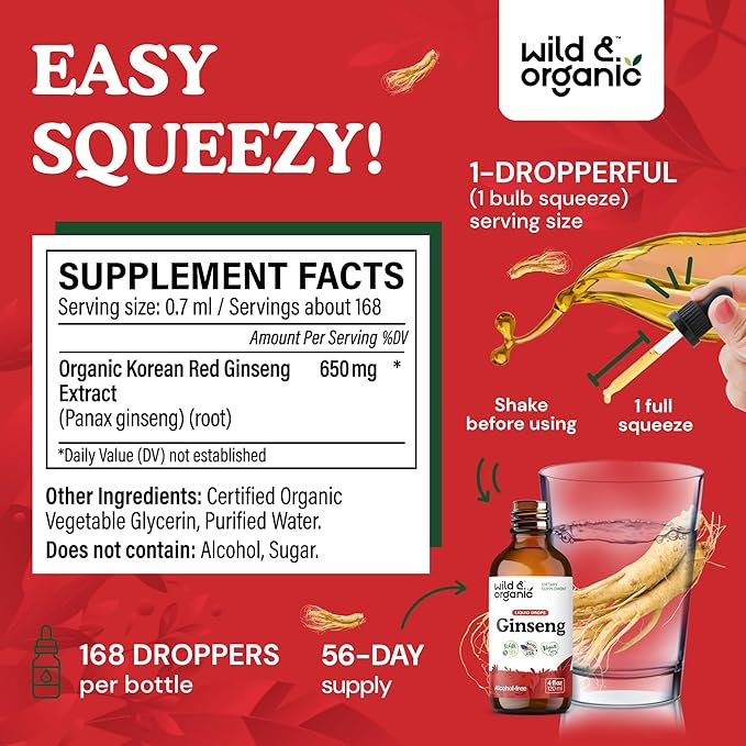 Wild &amp Organic Korean Panax Ginseng Extract Liquid - Red Ginseng Root Supplement for Overall Well-Being - Immune Support Drops - Vegan Sugar &amp Alcohol-Free Tincture - 4 fl oz