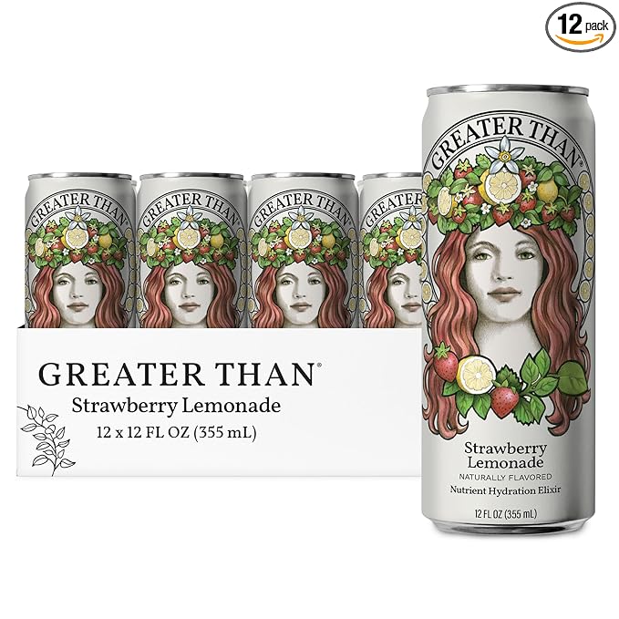 GREATER THAN Hydration for Her - Nutrient Enhanced Coconut Water Electrolyte Beverage with Real Fruit Plant-Based Vitamins &amp Fiber Clean Functional Hydration Strawberry Lemonade 12 oz (12 Pack