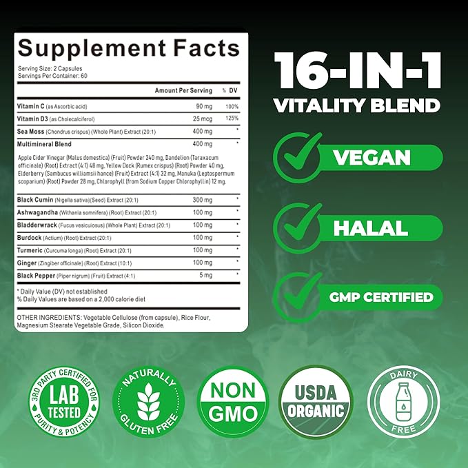 Organic Irish Sea Moss Capsules 120 Count –16 in 1 Sea Moss Supplement with Black Seed Oil Ashwagandha Turmeric &amp Ginger Bladderwrack &amp Burdock Root Vitamin D3 –Organic Vegan Halal Non-