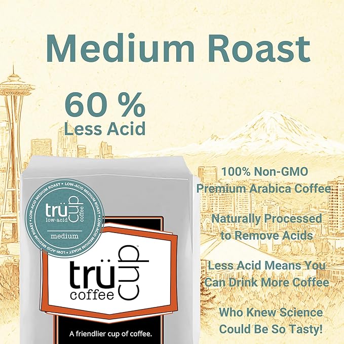 trücup Low Acid Coffee Ground Coffee Medium Roast - Drip Grind 2 LB Natural Water&ampSteam Process 60% Less Acid Smooth Flavor Stomach-Friendly Rich in Antioxidants
