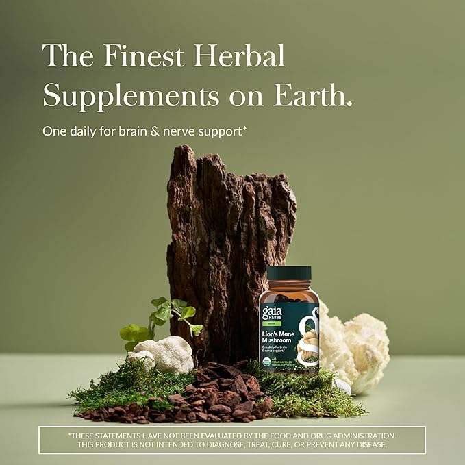 Gaia Herbs Lion's Mane Mushroom - Brain &amp Nerve Health Support* - 40 Vegan Capsules (40 Servings)