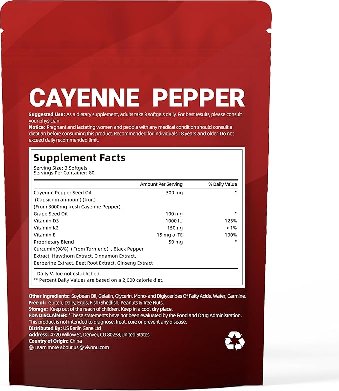 VivoNu Cayenne Pepper Softgels Supplement Supports Leg Vein Heart and Blood Vessel Health with Vitamin E D3+K2 and Extracts of Grape Seed Hawthorn Beetroot Berberine and Other