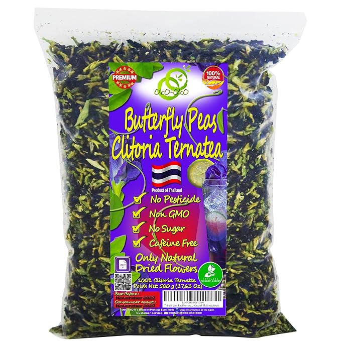 Butterfly Pea Tea 17.63 oz | OkO-OkO - Premium - 500g WHOLE DRIED FLOWER from Thailand - Blue natural infusion - Herbal tea - Blue tea - Organic Vegan food coloring - Natural color changing cocktail a