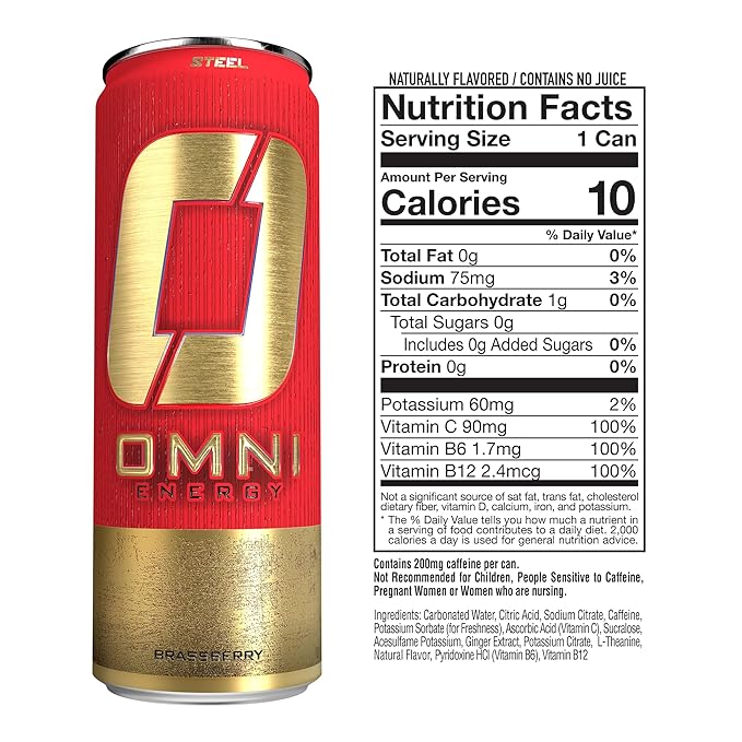 OMNI Energy Drink Brassberry 12pk (Pack of 12) | 200mg Clean Caffeine B Vitamins | Sugar Free | Sparkling