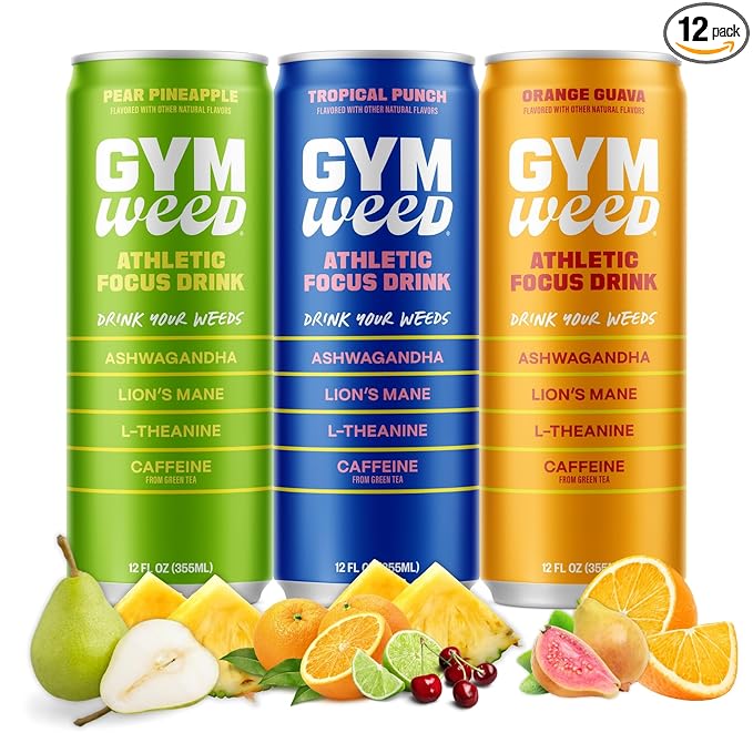 GYM WEED Athletic Focus Drink with KSM-66 Ashwagandha Lion's Mane Mushroom L-Theanine 200mg Green Tea Caffeine with Natural Sweeteners Variety Pack of flavors 12 Pack