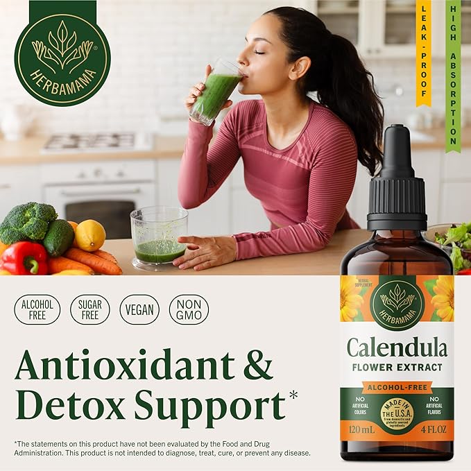 HERBAMAMA Calendula Tincture - Vegan Antioxidant &amp Detox Support with Calendula Herb Extract Drops - Non-GMO Alcohol &amp Sugar-Free Liquid Supplement 84-Day Supply