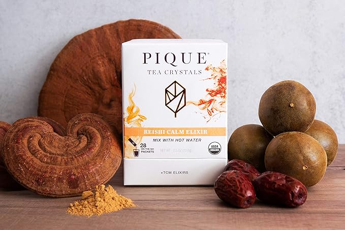 Pique Organic Reishi Mushroom Tea - Caffeine-Free Herbal Tea Adaptogen Powder for Rejuvenating Sleep and Rest Supports Healthy Immune System - 28 Single Servings (1 Pack)