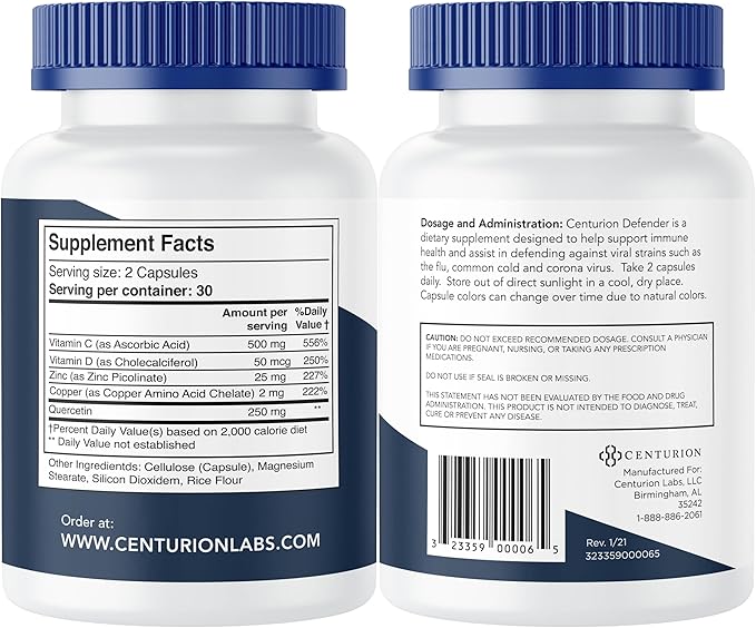 Centurion Labs Defender Immunity Boost 5-in-1 Powerful Blend of Quercetin Zinc Vitamin D Vitamin C Copper to Help Support Overall Health 60 Caps