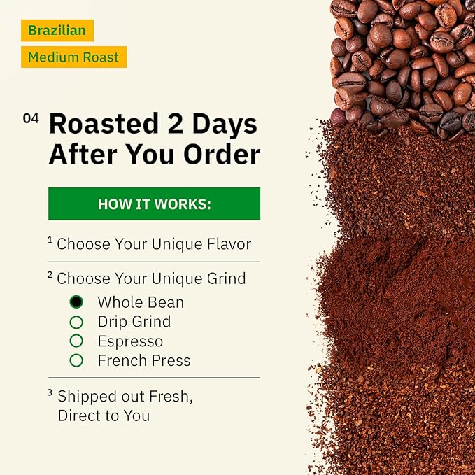 Brazilian Santos Medium Roast Coffee Beans - Single Origin Arabica Coffee Beans Freshly Roasted to Order Coarse French Press Grind Coffee Low Acid with Smooth Cocoa Notes Specialty Grade - 5LB