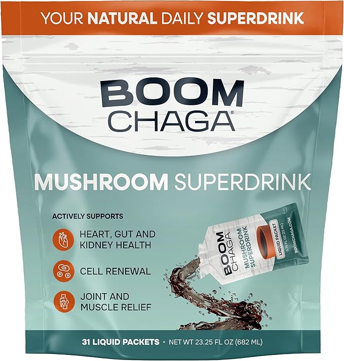 Mushroom Superdrink | Chaga Mushroom Extract Liquid Concentrate with Antioxidants for Immunity Boost Beta-Glucans for Heart Health Oxalate-Free 31 Single-Serving Packets