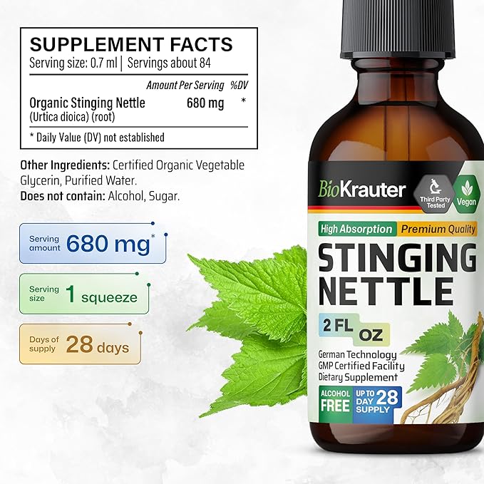 BIO KRAUTER® Stinging Nettle for Seasonal Support - Stinging Nettle Root Tincture (Urtica Dioica) 680 mg for Urinary Tract Support &amp Daily Wellness - 2 Fl.Oz. 28 Days of Supply Sugar &amp Alcoh