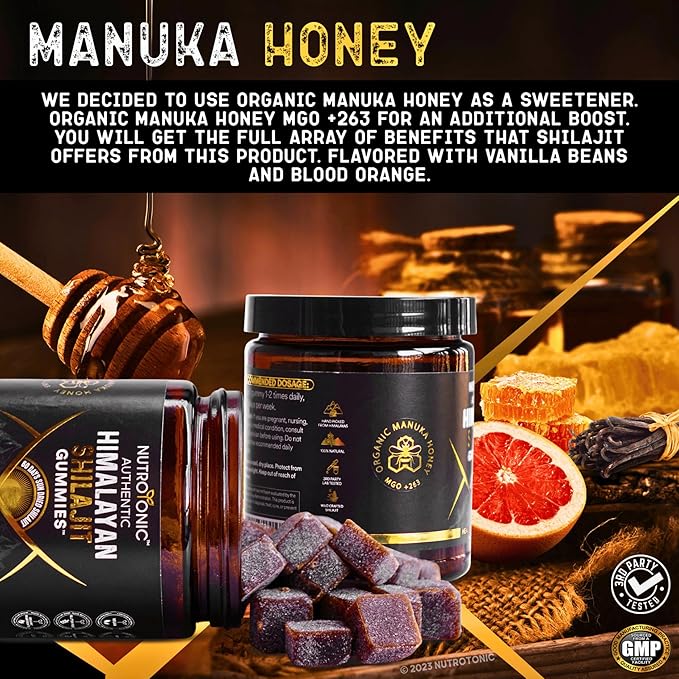 Organic SHILAJIT Gummies by NutroTonic | Cane Sugar Free Sweetened by Organic Manuka Honey | Clean Formula | Natural Fulvic &amp Humic Acid | Heart &amp Brain Cellular Health | 30 Healthy Gummies