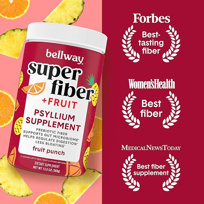 Bellway Super Fiber Powder + Fruit Sugar Free Organic Psyllium Husk Powder Fiber Supplement for Regularity Bloating Relief &amp Digestive Health Plant-Based Fruit Punch (50 Servings)