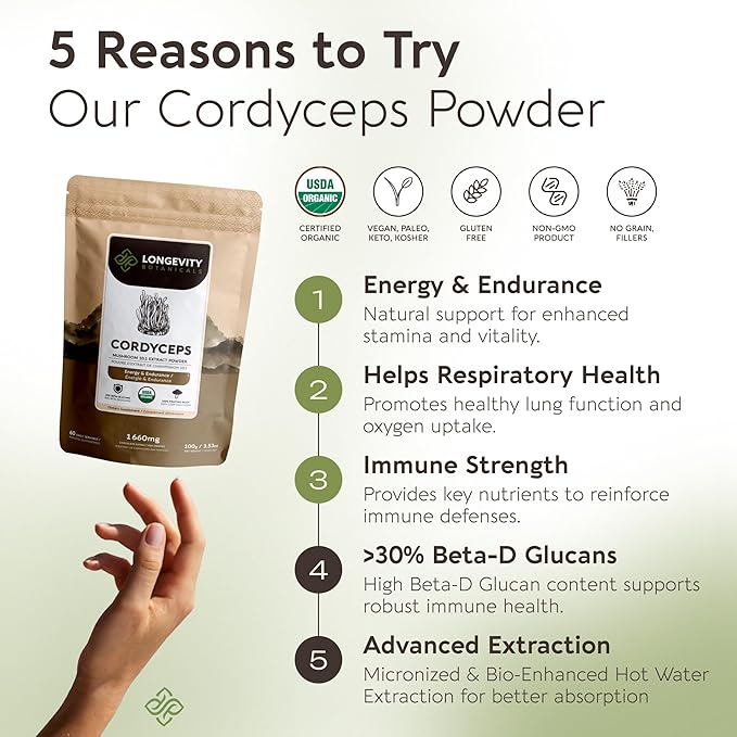 Organic Cordyceps Mushroom Powder Supplement 10:1 Extract 100g | Cordyceps Militaris 100% Fruiting Body | ≥30% Beta-D-Glucans | 60 Servings of 1660mg | Energy Endurance &amp Stamina Support