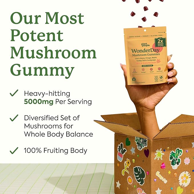 WonderDay Extra Strength Mushroom Gummies – Sugar Free Lion’s Mane Cordyceps Reishi &amp Chaga Supplement for Adults – Mood Boost Energy Focus Immune Support &amp Gut Health – Vegan Non-GMO (6