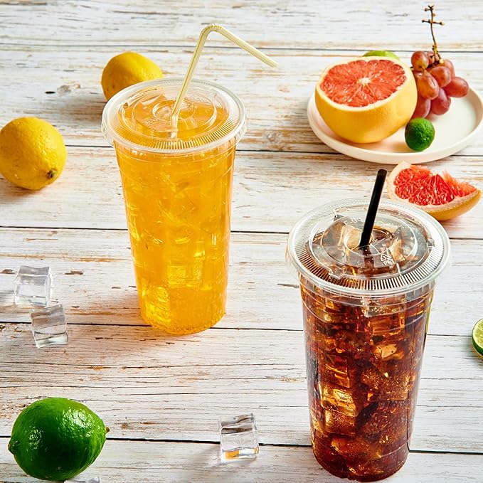 Vplus 140 Pack 24 OZ PET Clear Plastic Cups with Lids 24 OZ Crystal Cold Disposable Drinking Plastic Cups with Flat Lids Perfect for Ice Coffee Smoothie Juice