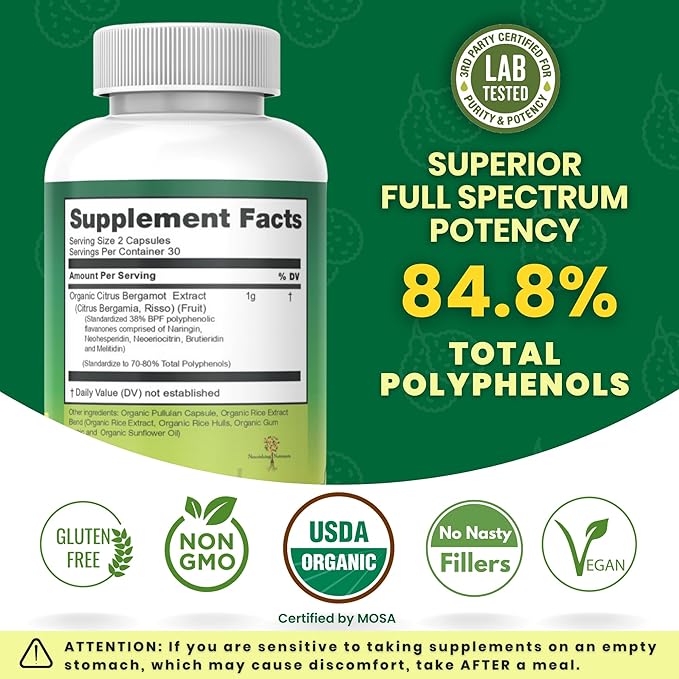 Organic Citrus Bergamot Supplement - Only USDA Cardiologist Formulated with 200+ Scientific Studies -1000mg - Patented Extract Heart Cholesterol &amp Lipid - Italian Bergamot High Polyphenols 60c