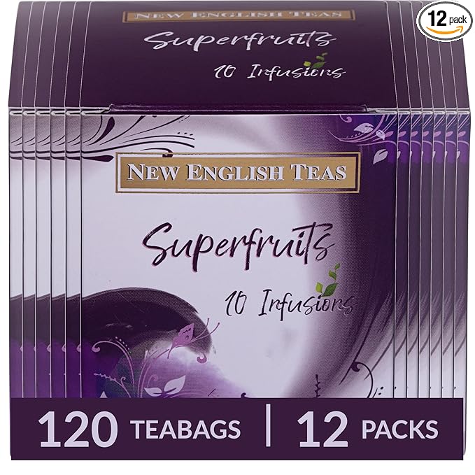 New English Teas Fruit &amp Herbal Tea 120 Teabags 12 Packs of 10 Individually Wrapped Tea Bags Naturally Caffeine Free (Superfruit)