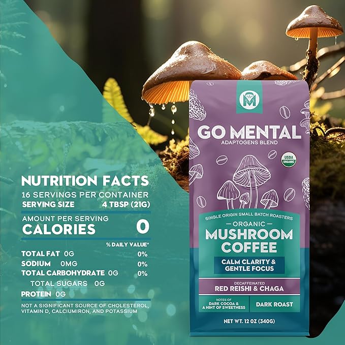 Organic Mushroom Coffee 3 Bag Gift Box Set Lion's Mane &amp Chaga Red Reishi &amp Chaga Decaffeinated Turkey Tail &amp Cordyceps Immune Support &amp Overall Wellbeing Dark Roast 36oz Ground
