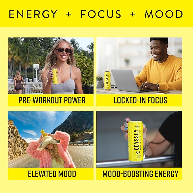 Odyssey Elixir - Odyssey 222 - Sparkling Energy Drink - 222 mg of Caffeine - Lion's Mane &amp Cordyceps - Energy &amp Focus - Endurance &amp Stamina - Nootropic - Pre Workout - Pineapple Mango