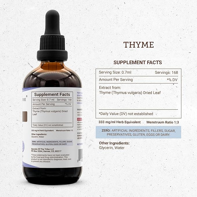 Secrets of the Tribe Thyme Alcohol-Free Liquid Extract Thyme (Thymus Vulgaris) Dried Leaf Tincture Supplement (4 FL OZ)