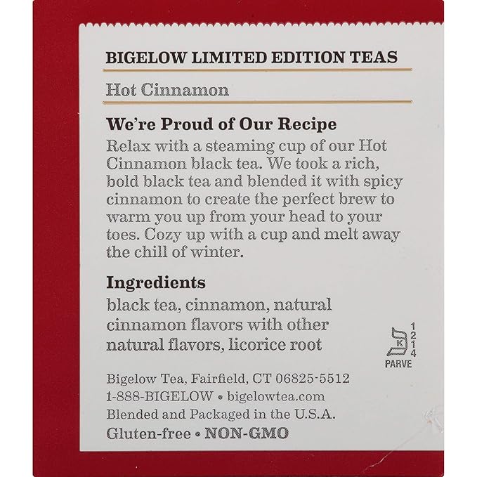 Bigelow Hot Cinnamon Black Tea Bags 18 Count Box (Pack of 6) Caffeinated Black Tea 108 Tea Bags Total