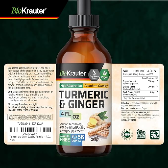 BIO KRAUTER® Turmeric and Ginger Supplement - Pure Vegan Liquid Turmeric &amp Ginger Tincture with Pepper 4 Fl.Oz 56 Days of Supply - Curcumin Drops for Joint Support Antioxidant &amp Immune Suppor