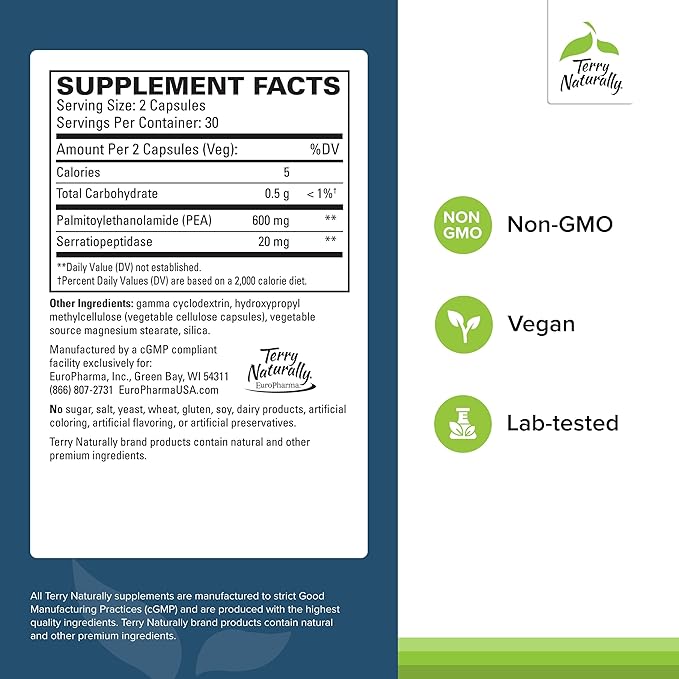 Terry Naturally Pea Healthy Inflammation Response - Joint Health Support - Exercise Performance &amp Post-Workout Support - Contains No Dairy Gluten or Soy - 60 Capsules (30 Servings)