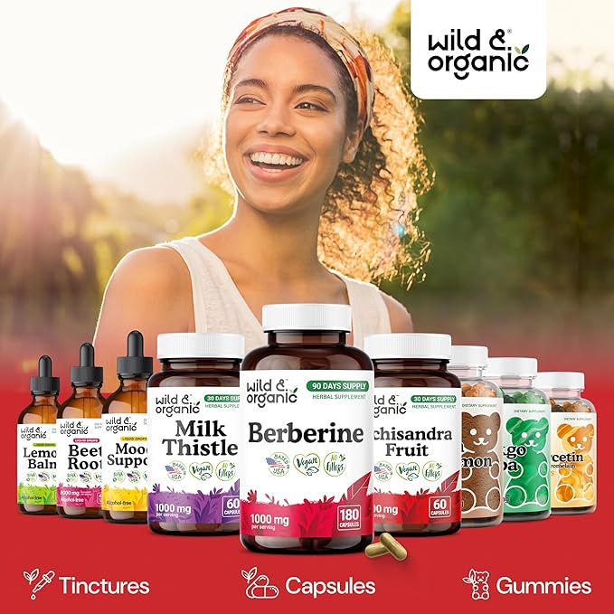 Wild &amp Organic Berberine Supplement Capsules 1000 mg - Antioxidant &amp Overall Support - Pure Berberine HCL Powder - 90 Days of Supply - Berberis Aristata Bark - Vegan No Fillers Non-GMO - 180