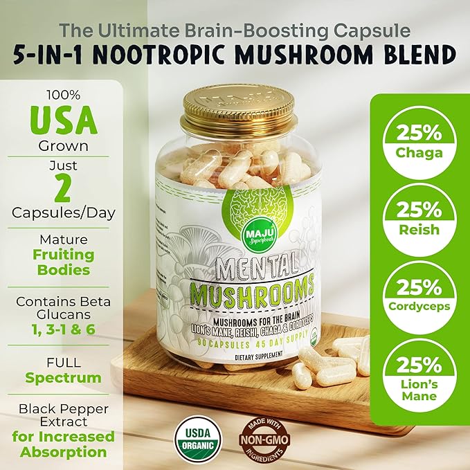 MENTAL Mushroom Capsules Organic Extract Supplement w/ Lion's Mane Cordyceps Reishi and Chaga Boost Your Focus Energy Wellness and Immune System - Nootropic Mushrooms Immune Support 90ct