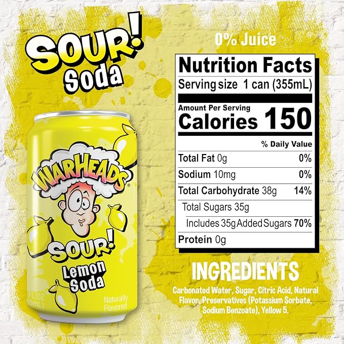 Sour Fruity Soda with Classic Warheads Flavors – Perfectly Balanced Sweet and Sour Soda - Warheads Candy Throwback Treat Soda Cocktail Mixer Pack of 12 12oz Cans (Lemon)