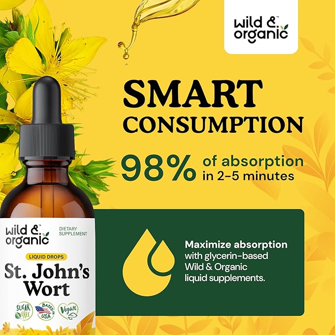 Wild &amp Organic St Johns Wort Tincture - Mood Support - Relaxing St. John's Wort Supplement - Liquid Hypericum Perforatum Herb Drops - Vegan Sugar &amp Alcohol-Free - 2 fl oz