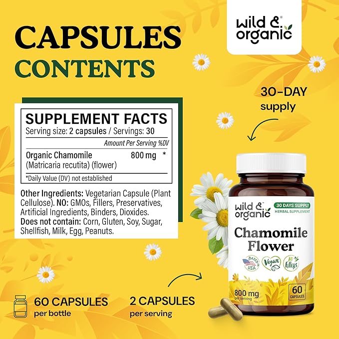 Wild &amp Organic Chamomile Capsules 800 mg - Relaxation &amp Digestive Support - Herb Chamomile Extract Supplement - Matricaria Recutita Flower - Vegan No Fillers Non-GMO - 60 Count