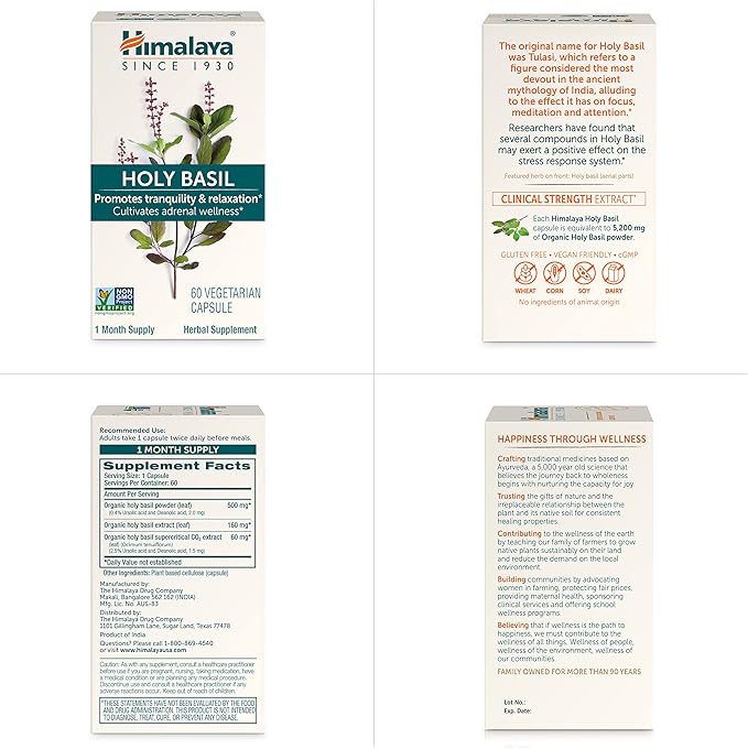 Himalaya Holy Basil 60 Day Supply - Herbal Adrenal Support for Stress Relief Relaxation Energy Support and Occasional Sleeplessness - Vegan Non-GMO Gluten Free 720 mg 60 Capsules Pack of 2