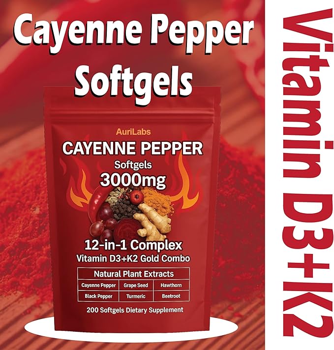 Cayenne Pepper Softgels - Enhanced with Vitamin D3+K2 Complex - Features Grape Seed Hawthorn &amp Beetroot Extracts - Herbal Supplement (1)