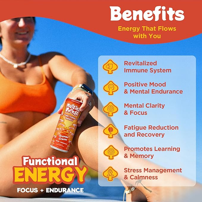 Melting Forest Mushroom Energy Drink L-Theanine Cordyceps &amp Lion's Mane 150mg of Caffeine Energy &amp Focus Cognitive Function &amp Mental Clarity Orange Cream (12 Pack)