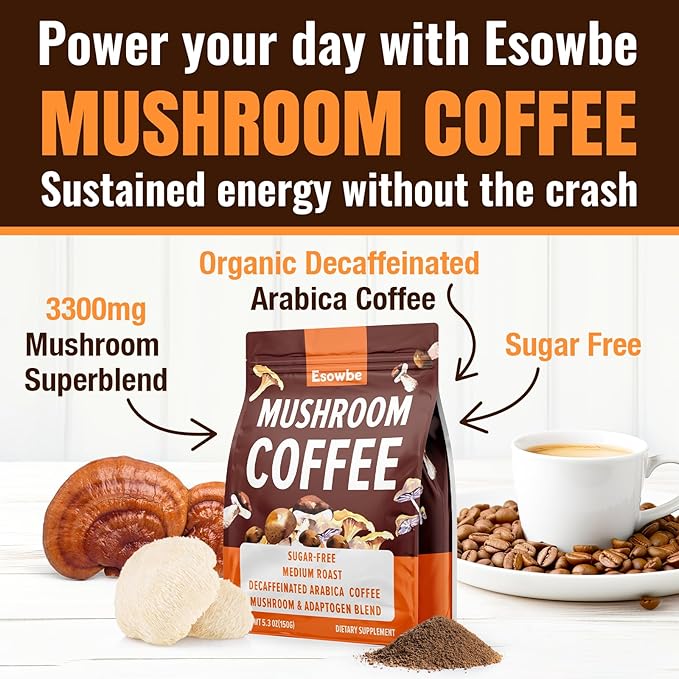 Mushroom Coffee 23 IN 1 Instant Mushroom Coffee - Zero Sugar with 100% Fruiting Lion's Mane Chaga Cordyceps Reishi Ashwagandha Decaf Arabica for Focus Energy Gut Digestion Immunity 5.3 oz