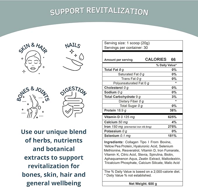Bioxtron Collagen Peptides Powder - Unflavored Type I Bovine with Stem Cell Renewal for Hair Nail Skin Gut Bone &amp Joint Health Support - Hyaluronic Acid Protein Biotin - 600g (30 Servings)