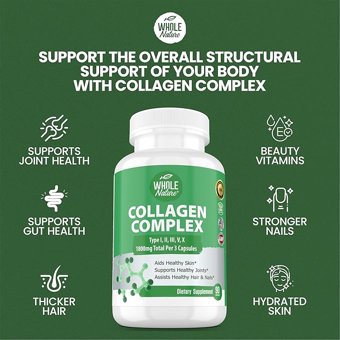 Multi Collagen Protein Peptides Supplement Capsules - 1800mg Collagen Complex Types I II III V X - Joint Support Healthy Hair Skin Nails Beauty Vitamins 100% Natural Non-GMO 270ct (3)