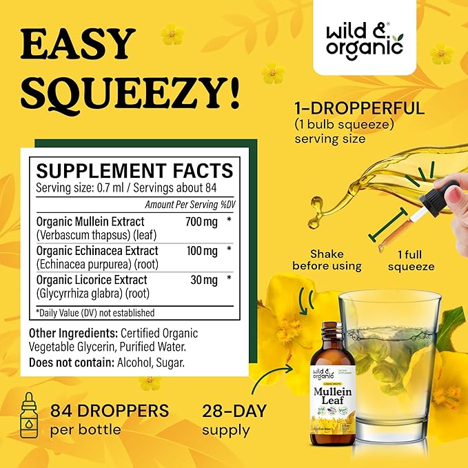 Wild &amp Organic Mullein Drops for Lungs - Herbal Detox and Cleanse - Mullein Leaf Extract for Lungs with Echinacea - Verbascum Thapsus Tincture - Vegan Sugar &amp Alcohol-Free Liquid Supplement -