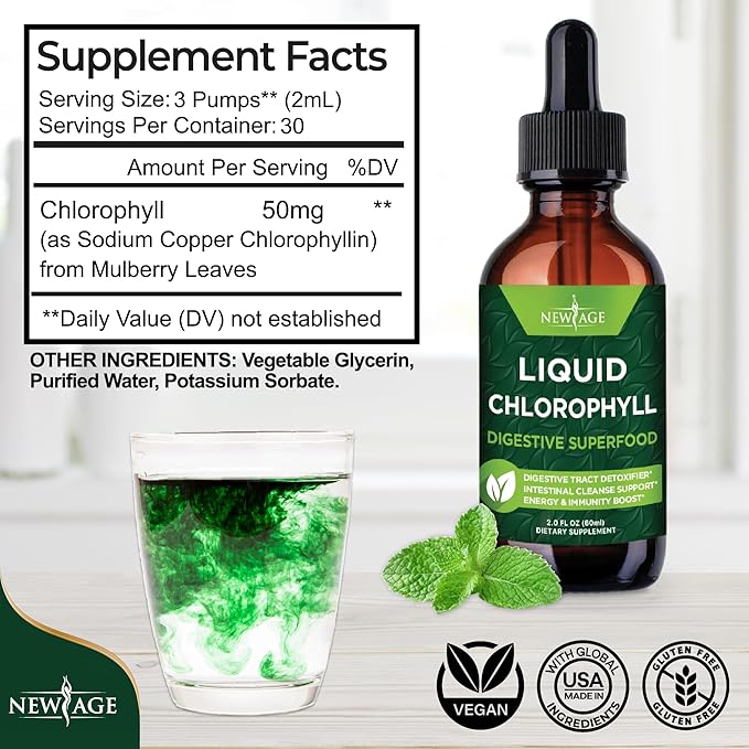 NEW AGE Chlorophyll Liquid Drops - Natural Concentrate – Energy Booster Digestion and Immune System Supports Internal Deodorant Liver Function - (2 Fl Oz (Pack of 4))